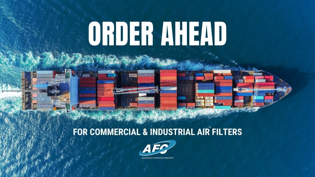 Order hvac filters ahead of time because of the shipping delays for air filtration. Image showing a cargo ship with shipping containers crossing the ocean.