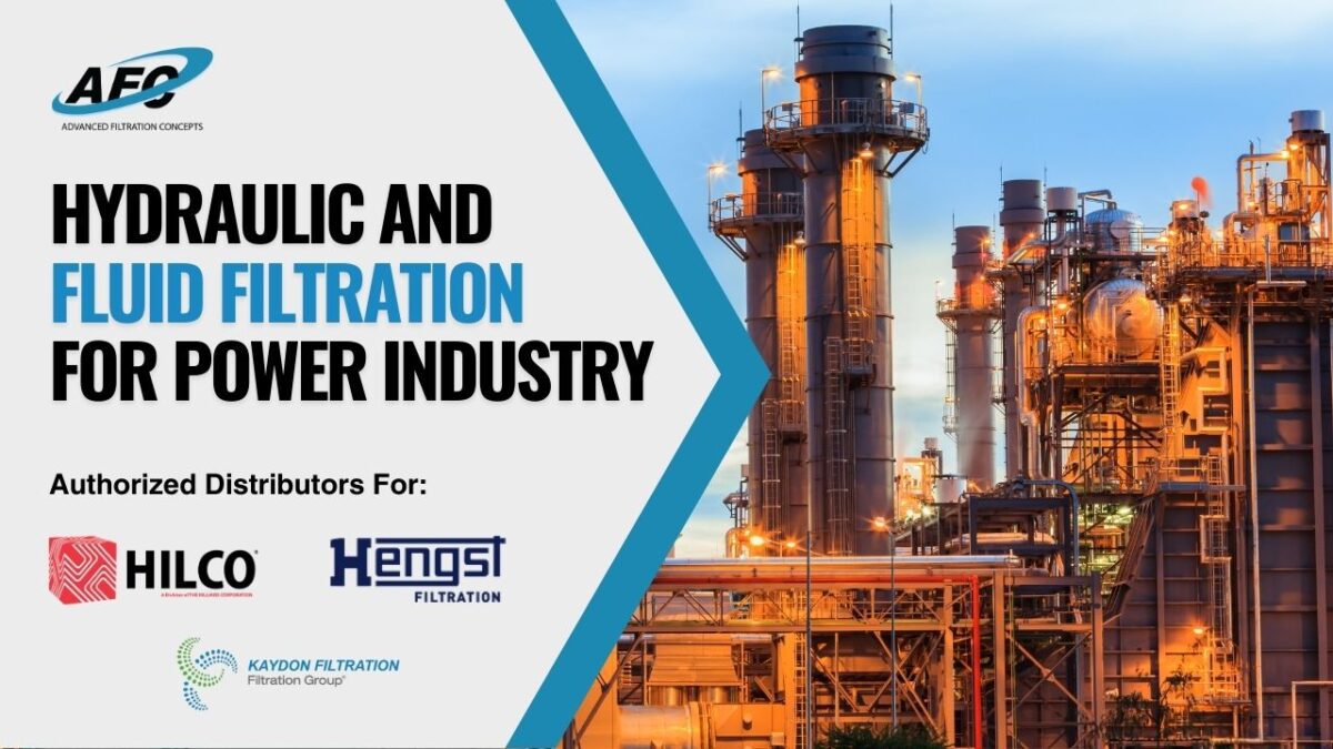 Powering Performance banner featuring Advanced Filtration Concepts, Hengst, HILCO, and Kaydon logos, promoting hydraulic and fluid filtration solutions for the power generation industry.